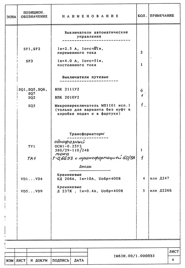 Список елементів електрической схеми токарного верстата 1М63Н